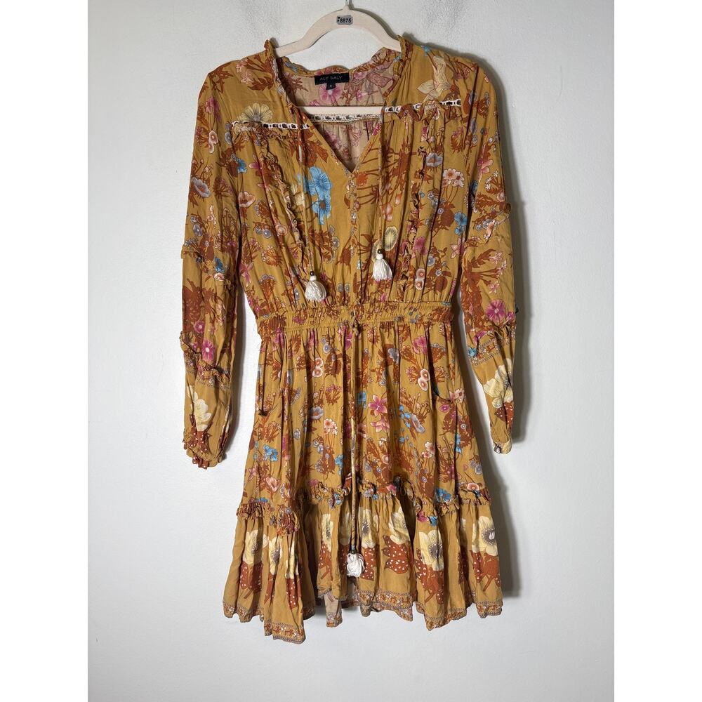 Aly Daly Gold Floral Long Sleeve V-Neck Knee Length Dress Sz S